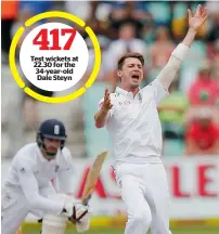  ?? — AFP file ?? Dale Steyn, 34, needs just five wickets to overtake Shaun Pollock’s record of 421 Test wickets.
