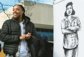  ?? MATT GENTRY/AP ?? Artist Bryce Cobbs stands next to the drawing he created of Henrietta Lacks, which was unveiled in Roanoke, Virginia, on Dec. 19. The drawing will be used in the design process of a larger-than-life bronze statue.