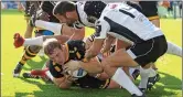  ??  ?? SAFE HANDS: Joe Launchbury scores one of Wasps’ 12 tries