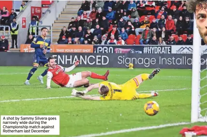  ?? ?? A shot by Sammy Silvera goes narrowly wide during the Championsh­ip match against Rotherham last December