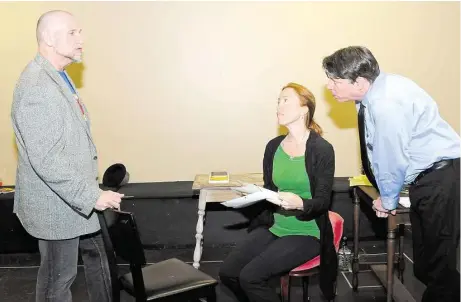  ?? Courtesy ?? Kenn McLaughlin, right, the artistic director of Stages Repertory Theatre, will be honored with the Bayou City Concert Musicals 2016 Kim Hupp Award. McLaughlin works with actor L. Jay Edenmeyer, left, and Carolyn Johnson rehearsing the play “End of the...