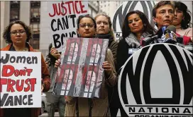  ?? SPENCER PLATT / GETTY IMAGES ?? Members of the National Organizati­on for Women protest the New York City decision not to pursue sexual abuse charges against movie producer Harvey Weinstein in 2015.