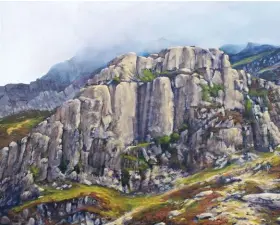  ??  ?? Dinas Cromlech, oil on canvas, 41 x 51 cm (16 x 20")
Standing high above the Llanberis Pass, this characteri­stic “open-book” shaped fortress of rock is steeped in climbing history. Mist and cloud high above helped me to highlight the unique shape of Dinas Cromlech.