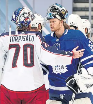  ?? MARK BLINCH GETTY IMAGES FILE PHOTO ?? Frederik Andersen and the Leafs suffered their fourth straight first-round playoff exit, falling to Joonas Korpisalo and the Columbus Blue Jackets in five games back in August.