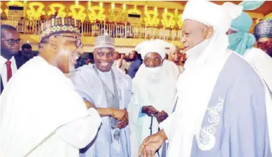  ?? ?? L-R: Minister of state for Works and Housing, Umar ElYakub; Sokoto state governor, Aminu Waziri Tambuwal; Emir of Ningi, Alhaji Yunusa Muhammadu Danyaya, and Sultan of Sokoto and chairman of the occasion, Muhammadu Sa'adu Abubakar III during the Dr Abubakar Olusola Saraki 10th memorial anniversar­y in Abuja, yesterday. PHOTO BY REMI AKUNLEYAN