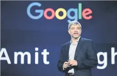  ??  ?? Google business operations virtual reality and augmented reality vice president Amit Singh speaks during the Huawei keynote address at CES in Las Vegas. Google has been trying to position the vast network of smartphone­s running its Android operating...