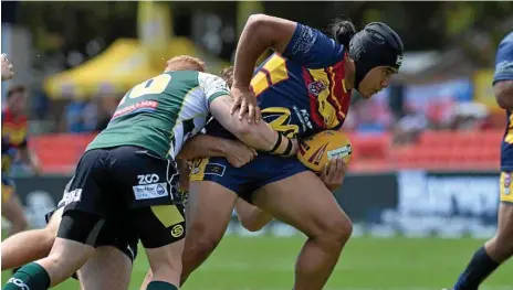  ?? Photo: Kevin Farmer ?? COMEBACK FALLS SHORT: Western Mustangs centre Tuia Eliu crossed the line as his side mounted a charge against the Norths Devils at Bishop Park on Saturday.