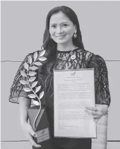  ?? ?? Iloilo City’s Cong. Julienne Baronda has been bestowed the RPMD Award for Outstandin­g Public Servant for the year 2023. This is a recognitio­n of her tireless efforts, innovative approaches to governance, and significan­t achievemen­ts in making tangible improvemen­ts in the lives of the Ilonggos, according to the RP-Mission and Developmen­t Foundation Inc.