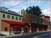  ?? SCREENSHOT OF ONLINE MEETING ?? A rendering of proposed façade improvemen­ts and the addition of a radio room at 137 S. Main Street, just left of the main fire station at 141 S. Main.