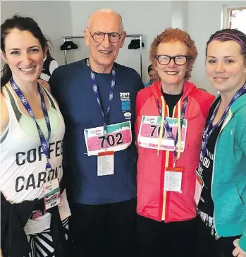  ?? PNG ?? Chatting about their Sun Run experience­s over a post-run breakfast are, from left, Katherine Petrunia, Dr. Doug and Diane Clement — founders of The Vancouver Sun Run — and Janette Shearer.