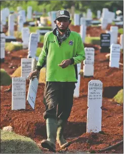  ?? (AP/Achmad Ibrahim) ?? A worker walks among graves at a cemetery for people who died of covid-19 at a cemetery in Jakarta, Indonesia.