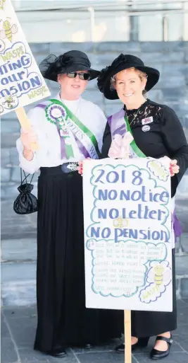  ?? MARK LEWIS ?? Beverley Pozo and Alyson Williams, from Pontypridd, at the Senedd in Cardiff to protest about their pension rights