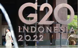  ?? ?? This photo taken on Nov. 12, 2022 shows the logo for the 17th Group of 20 (G20) Summit outside Apurva Kempinski, the main venue for the summit in Bali, Indonesia. (Xinhua/Wang Yiliang)