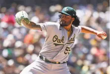  ?? Derrick Tuskan / Associated Press ?? Lefthander Sean Manaea retired the first 16 batters he faced, eventually allowing one hit and one walk in six innings.