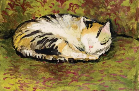  ?? Foto: Thomas ?? Im Jahr 1912 malte August Macke in Öl die Katze der Familie, eingerollt auf 31 mal 36 Zentimeter Karton. Das friedlich schlafende, gleichsam schnurrend­e Tier kostet auf der Messe Art Basel eine sechsstell­ige Summe.