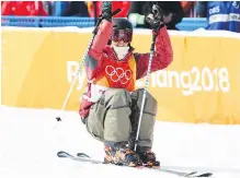  ??  ?? Teal Harle of Campbell River after his third run in the men’s skiing slopestyle final at the Phoenix Snow Park on Saturday.