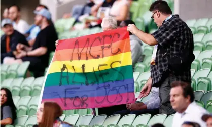  ?? Darrian Traynor/Getty Images ?? Melbourne City fans show support for Adelaide United player Joshua Cavallo, who has been the target of online abuse. Photograph: