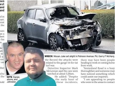  ??  ?? HITS Daniel, above, and Johnston WRECK Nissan Juke set alight in Polnoon Avenue. Pic: Garry F McHarg