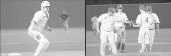  ??  ?? Top Left: From third base, runner Nick Gonzales of Coahoma keeps a close eye on home plate during the varsity game between the Bulldogs and Lubbock Roosevelt on Tuesday night. Gonzales went on to score off a sacrifice fly by teammate Billy Bailey to push the Bulldogs ahead by one point in the bottom of the fifth inning. Top Right:Coahoma’s Kobe Cervantes, No. 20, pumps up pitcher Billy Bailey, No. 4, at start of the top of the fifth inning of the Bulldogs versus Lubbock Roosevelt’s varsity baseball game held on Tuesday By DUSTIN POPE