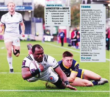  ?? PICTURES: Getty Images ?? Fast start|: Taku Ngwenya scores Brive’s first try after four minutes