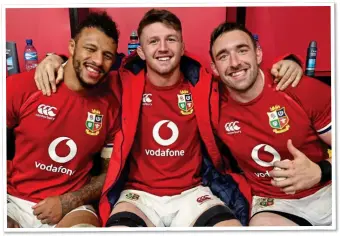  ??  ?? HAPPY DAYS: Courtney Lawes, Tom Curry and Jack Conan celebrate in the dressing room after the match