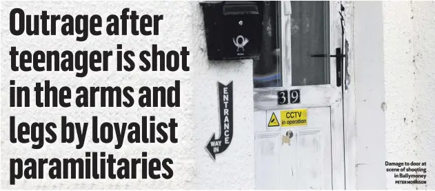  ?? PETER MORRISON ?? Damage to door at scene of shootingin Ballymoney