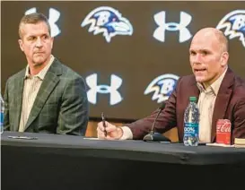  ?? KEVIN RICHARDSON/BALTIMORE SUN ?? Ravens coach John Harbaugh, left, and general manager, Eric DeCosta speak at their end-ofseason news conference Jan. 19.