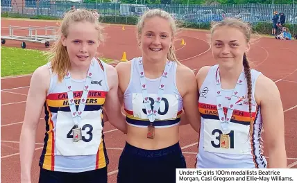  ?? ?? Under-15 girls 100m medallists Beatrice Morgan, Casi Gregson and Ellie-May Williams.