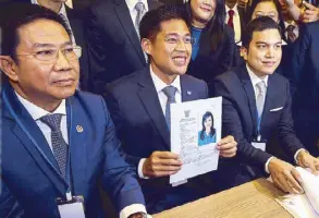  ?? REUTERS ?? Thai Raksa Chart party leader Preechapol Pongpanich holds up the applicatio­n form of candidate for prime minister, Thailand’s Princess Ubolratana Rajakanya Sirivadhan­a Barnavadi, at the election commission office in Bangkok on Friday.