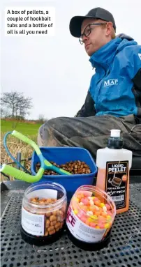  ??  ?? A box of pellets, a couple of hookbait tubs and a bottle of oil is all you need