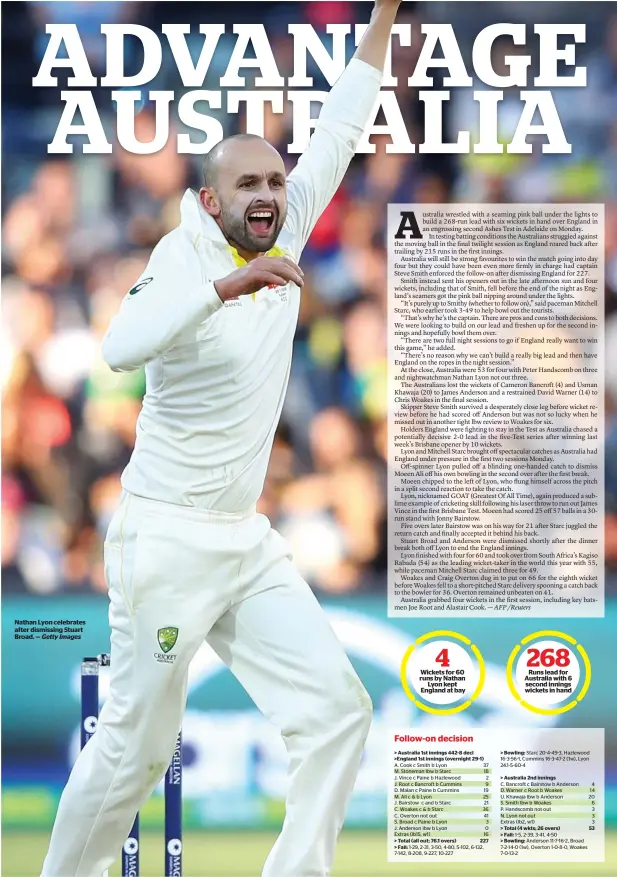  ?? Getty Images ?? Nathan Lyon celebrates after dismissing Stuart Broad. —