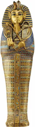  ??  ?? Right: Gold inlaid canopic coffinette of Tutankhamu­n dedicated to Imseti and Isis, © Laboratori­orosso, Viterbo/Italy.