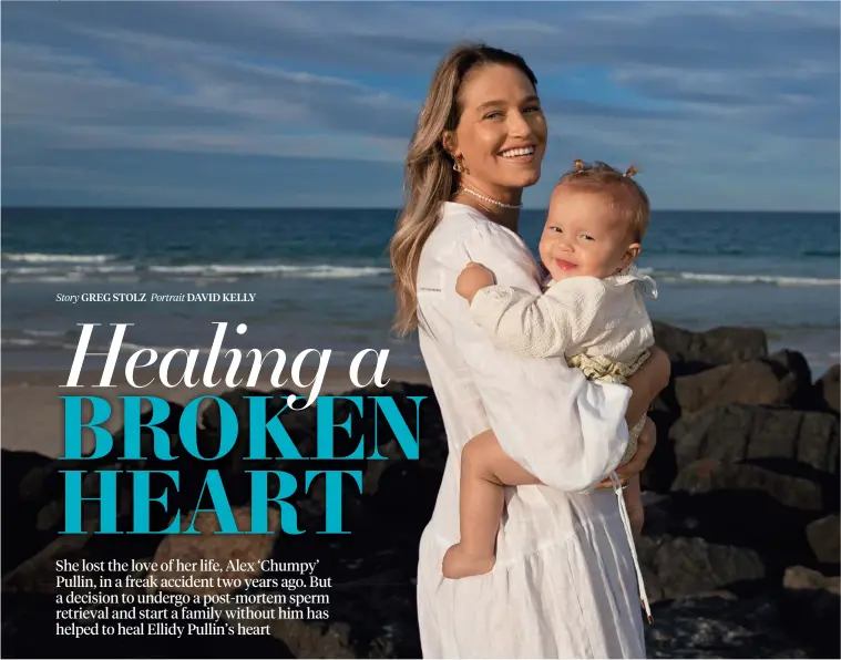  ?? ?? Ellidy Pullin and her daughter Minnie Alex pictured at the beach – a place close to the heart of her partner Alex ‘Chumpy’ Pullin, who died in 2020. Picture: David Kelly