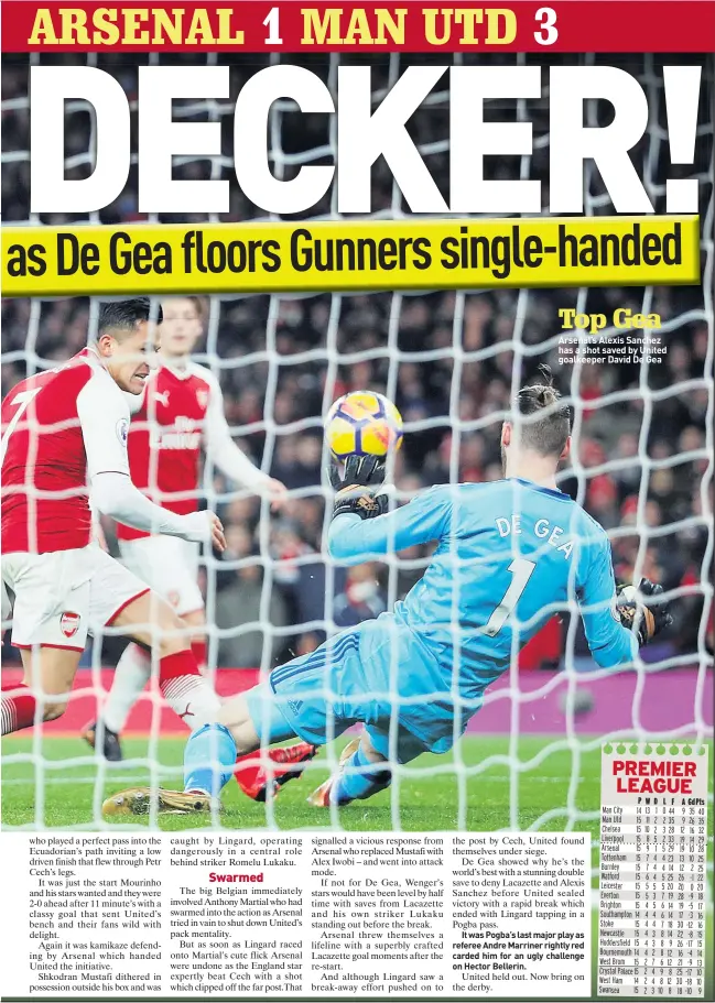  ??  ?? Arsenal’s Alexis Sanchez has a shot saved by United goalkeeper David De Gea