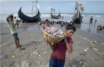  ??  ?? A Rohingya refugee boy carries fish from a fishing boat crewed by Bengalie and Rohingya fishermen near the Shamlapur refugee camp near Cox’s Bazar. — AFP photo
