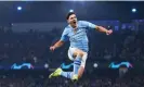  ?? Matt West/Shuttersto­ck ?? Julián Álvarez hits the heights after scoring Manchester City’s second goal. Photograph: