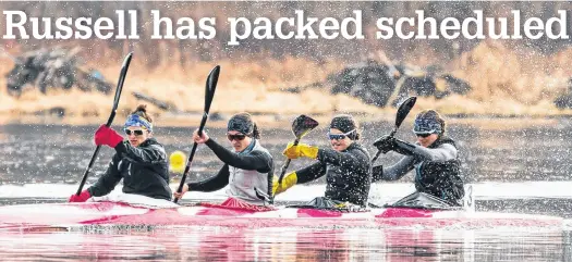  ?? RICH LAM • CANOE KAYAK CANADA ?? Andreanne Langlois of Trois-rivieres, Alanna Bray-lougheed of the Burloak Canoe Club, Cheema’s Michelle Russell and Madeline Schmidt of the Rideau Canoe Club race in the K-4 500-metre final Friday in Burnaby, B.C.