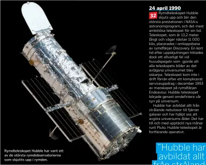  ??  ?? Rymdtelesk­opet Hubble har varit ett av de största rymdobserv­atorierna som skjutits upp i rymden.