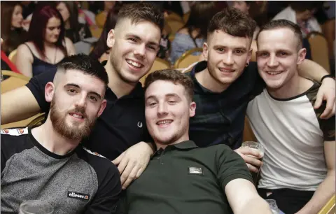  ??  ?? Enjoying the ‘Blind Date’ fundraiser in aid of Strictly Lip Sync Laragh at the Newtown Park Hotel were Fiachra Ryan, Damien Hanlon, Mark Miley, Callum Pursey, Karl Phelan