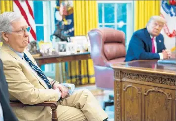  ?? DOUG MILLS/THE NEW YORK TIMES ?? Senate Majority Leader Mitch McConnell, left, meets in the Oval Office with President Donald Trump on Monday.