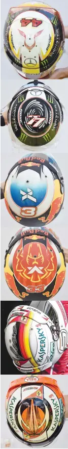  ?? Pictures: AFP, EPA ?? Creative designs on drivers’ helmets are the order of the day in this year’s Formula One. From the top are the helmets of Mercedes’ Lewis Hamilton and Valtteri Bottas, Daniel Ricciardo and Max Verstappen of Red Bull and Ferrari’s Sebastian Vettel and...