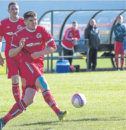  ?? Sean Dee/John Edward. Pictures: ?? Above: Former Dundee and Forfar striker Bryan Deasley fires home from 25 yards in Lochee United’s 2-0 victory over Carnoustie Panmure last week; below: Paul McLellan in action for Broughty Athletic in their Super League clash with Hill of Beath;...