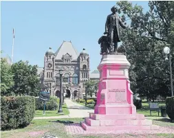  ?? RICHARD LAUTENS TORONTO STAR ?? The defaced statue of Sir John A. Macdonald at Queen’s Park. “If it were not for Sir John A., we could very easily be living in a country headed by a narcissist­ic, dishonest and jingoistic billionair­e,” Bob Bryant of Fenelon Falls, Ont., writes.