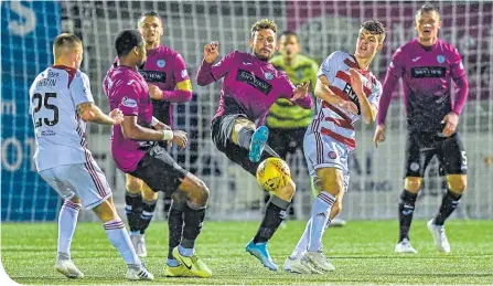  ??  ?? St Mirren’s Tony Andreu clears his lines during yesterday’s clash