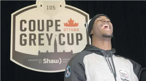  ?? — CP PHOTOS ?? Argonauts running back James Wilder Jr. laughs as he speaks with media during the CFL Grey Cup Media Day on Thursday in Ottawa. Wilder has emerged as one of the CFL’s top players since being installed as the feature back over the final third of the...