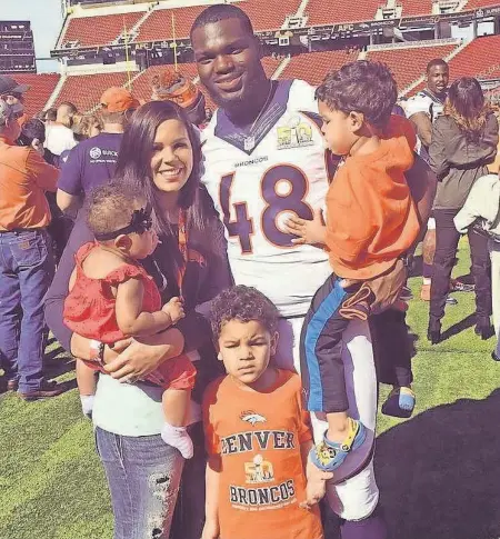  ?? PHOTO COURTESY OF JORDANNA BARRETT ?? The Barrett family celebrates Shaquil's Super Bowl 50 victory with the Broncos in 2016. If Shaquil's Buccaneers win Sunday, COVID- 19 restrictio­ns will prohibit the children from celebratin­g on the field.