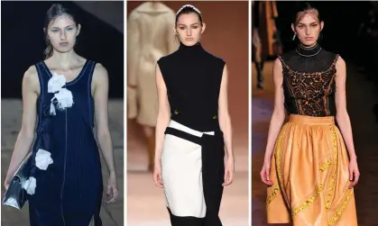  ?? ?? Zoë Huxford walking the runway for (left to right): 3.1 Phillip Lim; Victoria Beckham; Prada Ready to Wear. Composite: Alamy; Getty Images