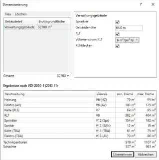  ??  ?? Bild 3: Vordimensi­onierung auf Basis der VDI 2050, Blatt 1 innerhalb des liNear Desktop für Revit.