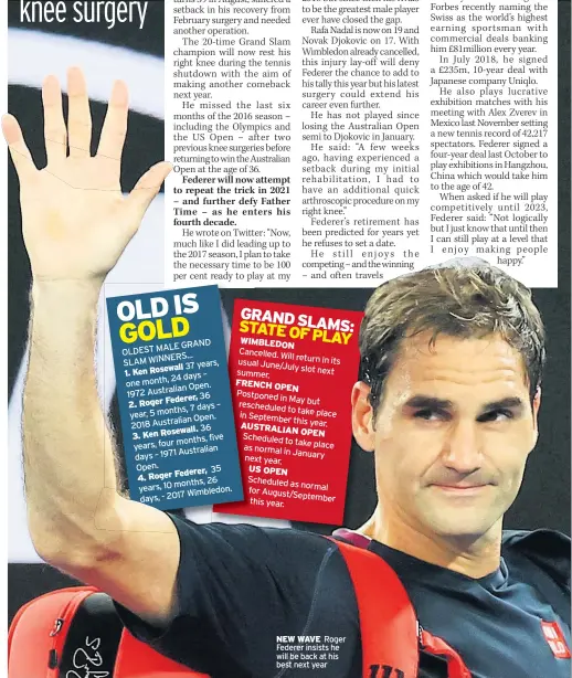  ??  ?? NEW WAVE Roger Federer insists he will be back at his best next year
