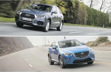  ?? Handout / Audi, Mazda ?? If you’ve got luxury-car taste and have your eye on an Audi Q3,
the value-packed Mazda CX-3 might better fit the bill.